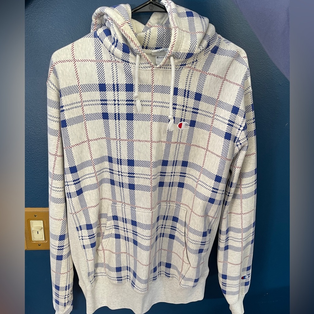 Champion Men's Cream and Blue Plaid Hoodie